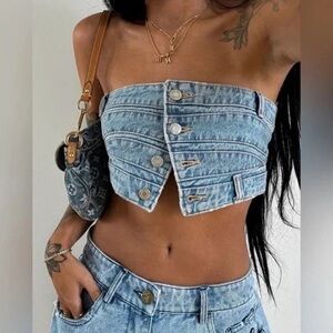Zara TRF Denim Bandeau Button-Up Crop Top